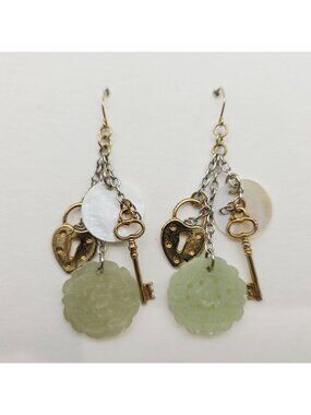 Jade Mother Of Pearl Dangle Earrings Gold & Silver Heart & Key Charms